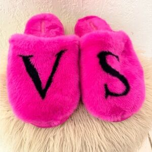 Victoria Secret Pink Fuzzy Slippers with Black Lettering size L